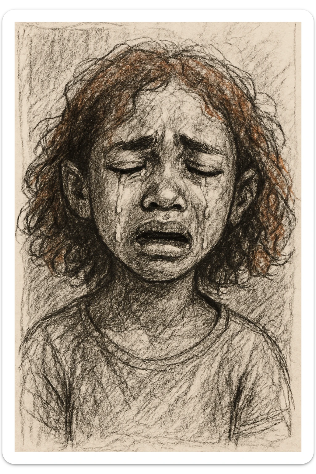 brown-skinned girl with shoulder-length curly reddish hair, crying, pencil sketch style sticker