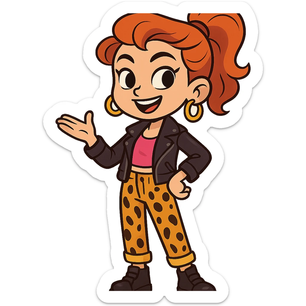 confident, fashionable girl character, stylish and bold, wearing trendy clothes, cheerful expression, cartoon style sticker