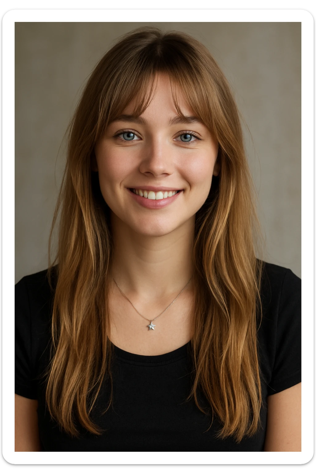 upper body of a smiling girl with blue eyes, dirty blonde long hair, curtain bangs, small silver star necklace sticker