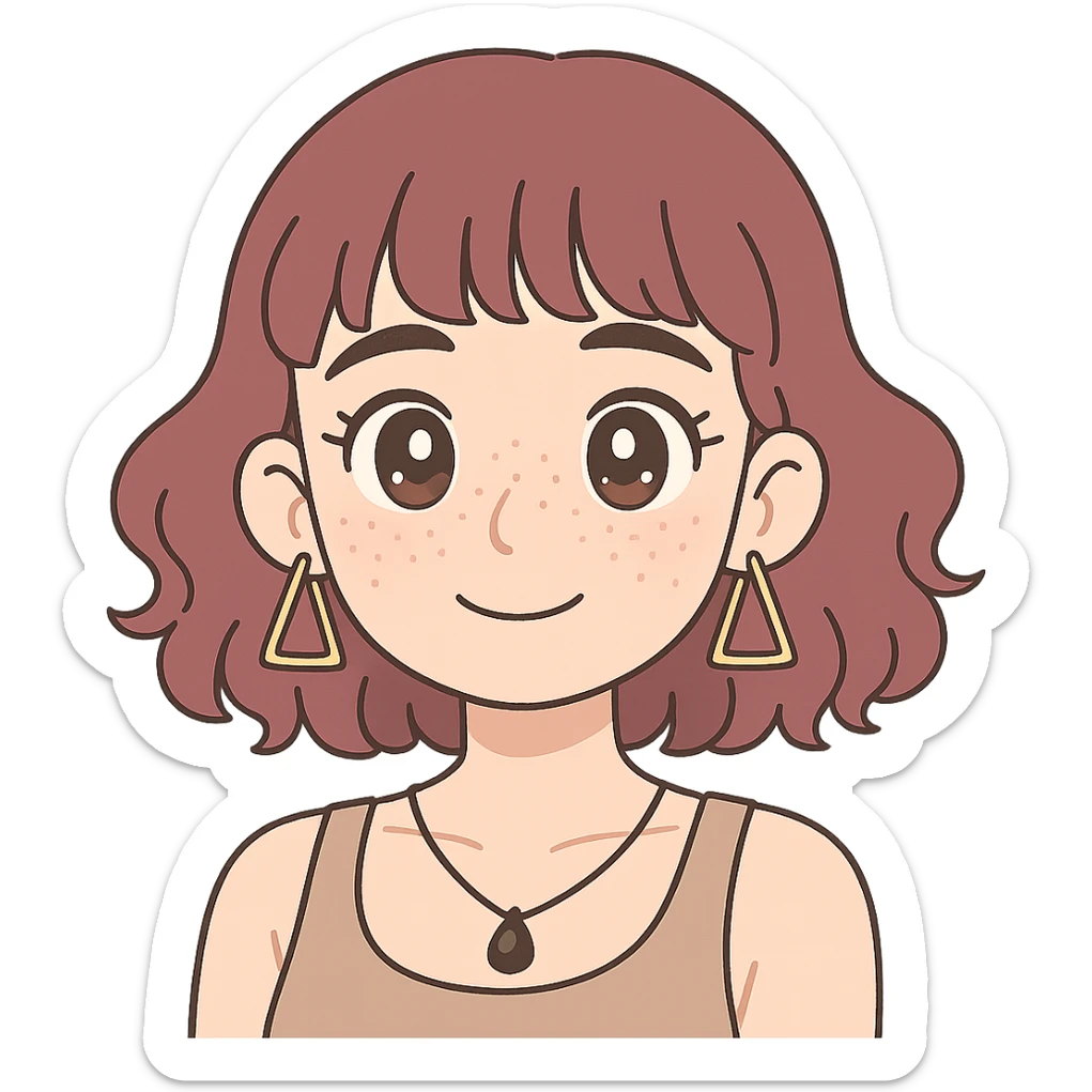 white woman with freckles, teardrop nose piercing, wavy wine purple hair, ear-length bangs, triangular hoop earrings, black stone necklace, tank top, thick eyebrows, large brown eyes, anime style, sensual sticker