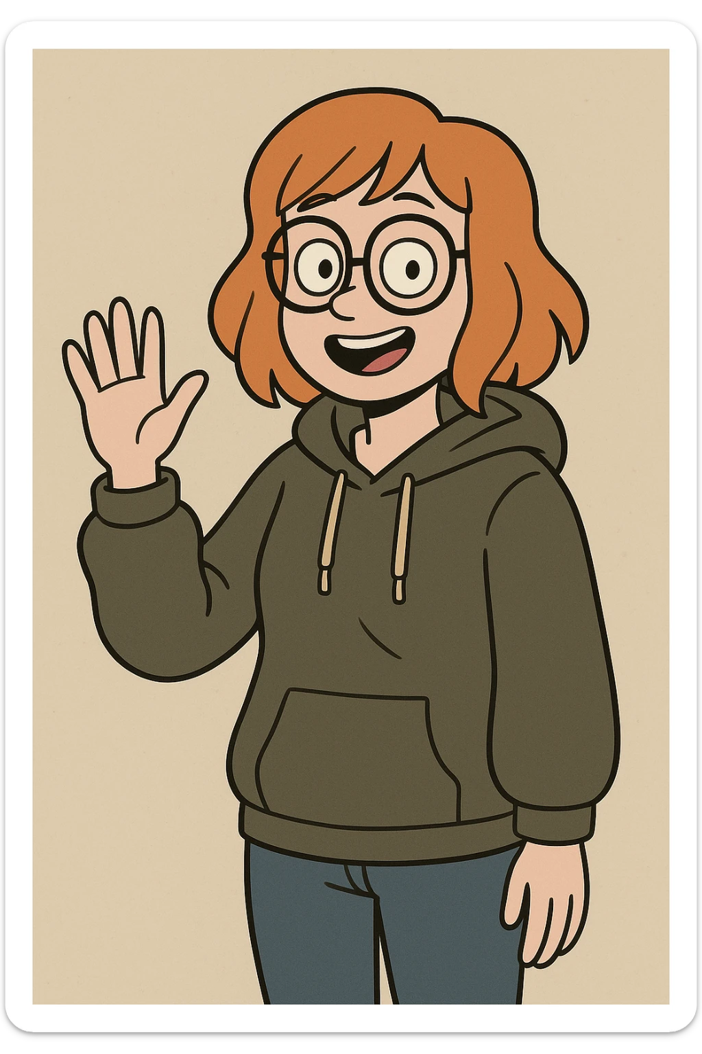 A girl orange hair Urban Heavy Loose a hand say hello glasses sticker