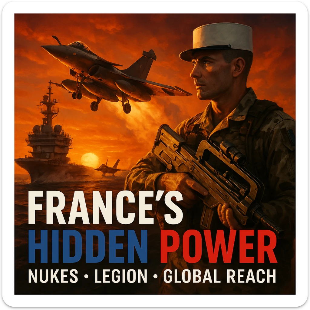 Dramatic dusk scene of a Rafale jet launching from Charles de Gaulle aircraft carrier with an orange sunset glow. In the foreground, a French Foreign Legionnaire in desert camouflage holding a futuristic rifle. Bold tricolor text: 'FRANCE’S HIDDEN POWER'. Subtext: 'Nukes • Legion • Global Reach'. Epic, cinematic composition, ultra high detail, 8K. sticker