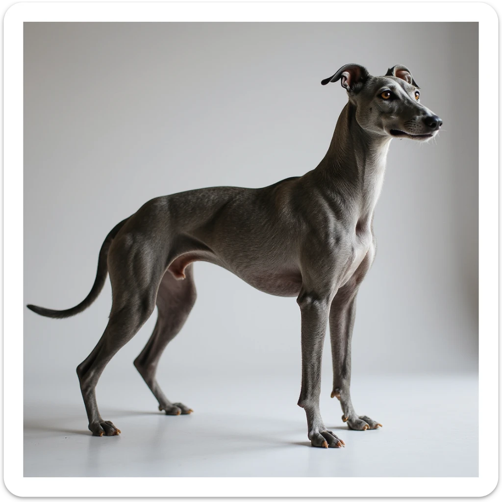 grey greyhound, full body, looking to the side, racing dog, photorealistic style sticker