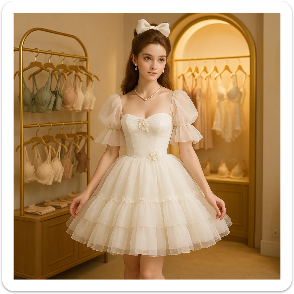 A princess-like woman with sweet features, long hair, high forehead, princess updo with bow, half-draped, wearing a white suspender puffy tulle Lolita dress, puff sleeves, tube top, layered tulle skirt, floral accents, pearl necklace and earrings, white lace-up high heels, in a boutique with exquisite lingerie, golden arch decor, soft lighting, 8k, high definition, full body, long shot, 1:1 ratio, alternate angle. sticker