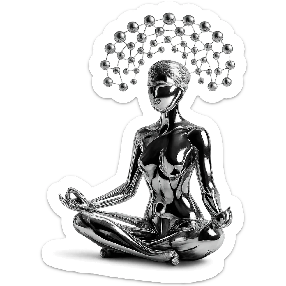 reflective chrome silhouette of a woman in the lotus position, meditating, with a pattern of floating metallic spheres above, arranged like a net sticker