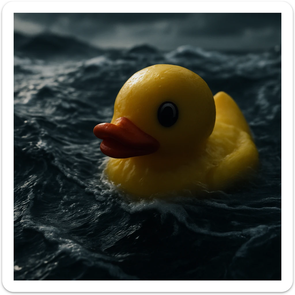 Extreme Closeup shot of Yellow duck toy on ocean during cloudy day, stormy sea, Camera from top, inspired by interstellar, shot by camera alexa 65, 35mm lens sticker