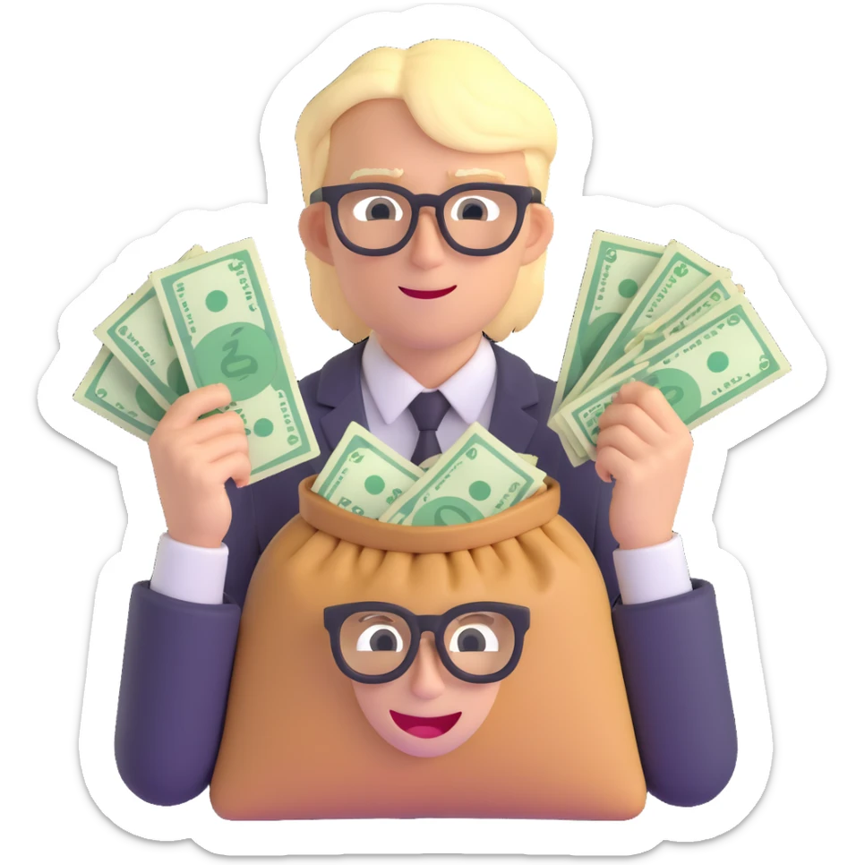 blond male with black glasses, clutching money bags, money symbols in eyes sticker