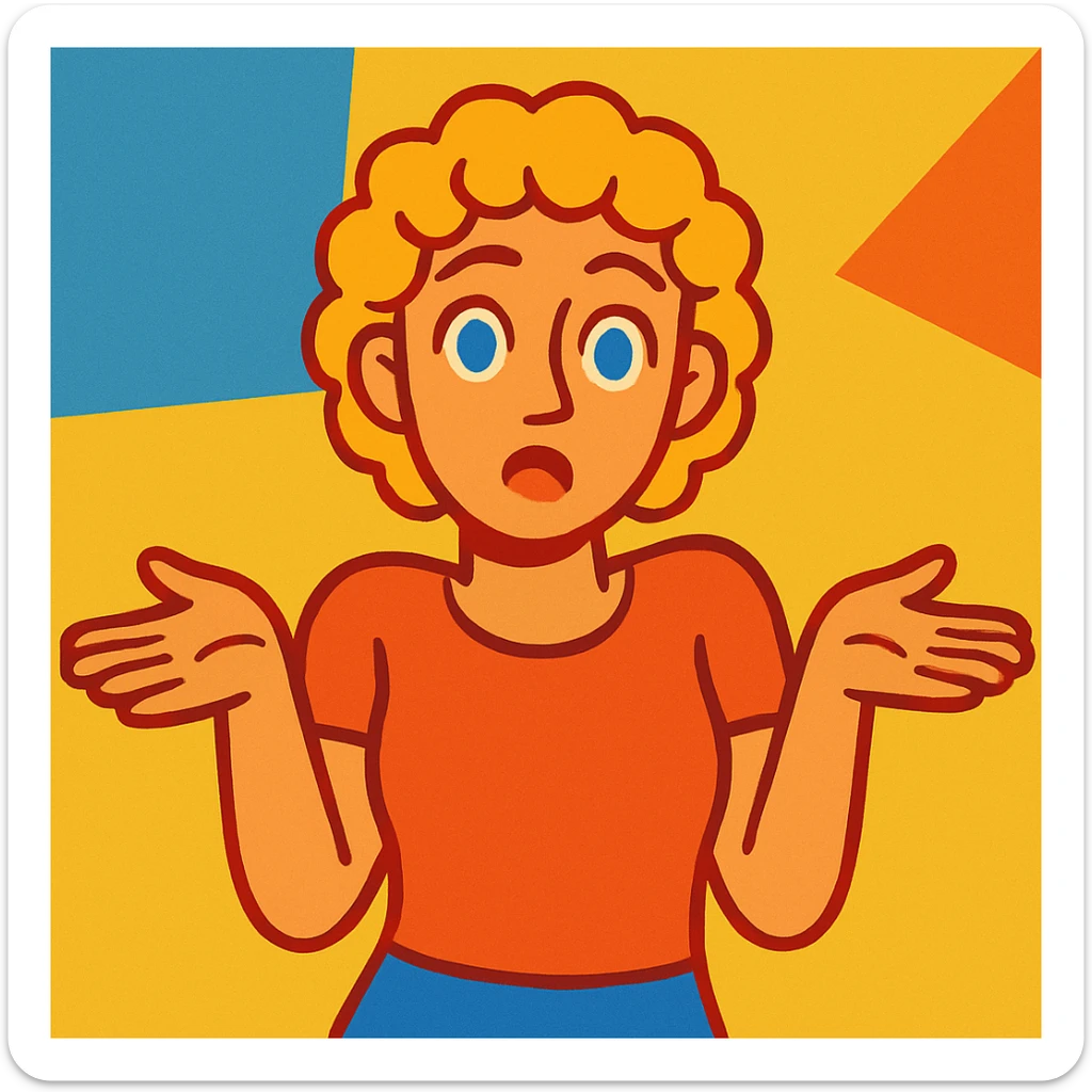 woman with short curly blonde hair and blue eyes, shrugging, modern illustration style sticker