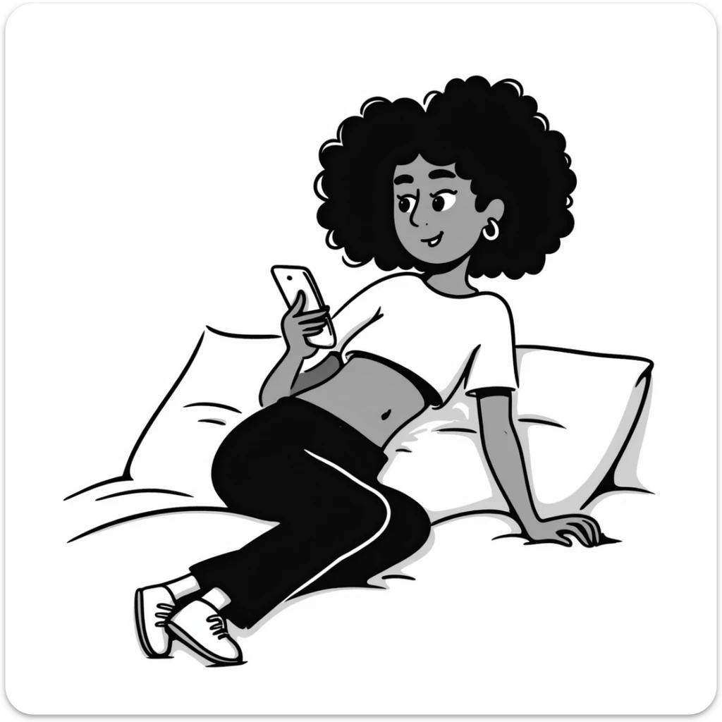 Brown-skinned teenage girl with curly black hair lying on bed looking at cellphone, heavy makeup, big lips, tight crop top, hoop earrings, choni style urban clothing sticker