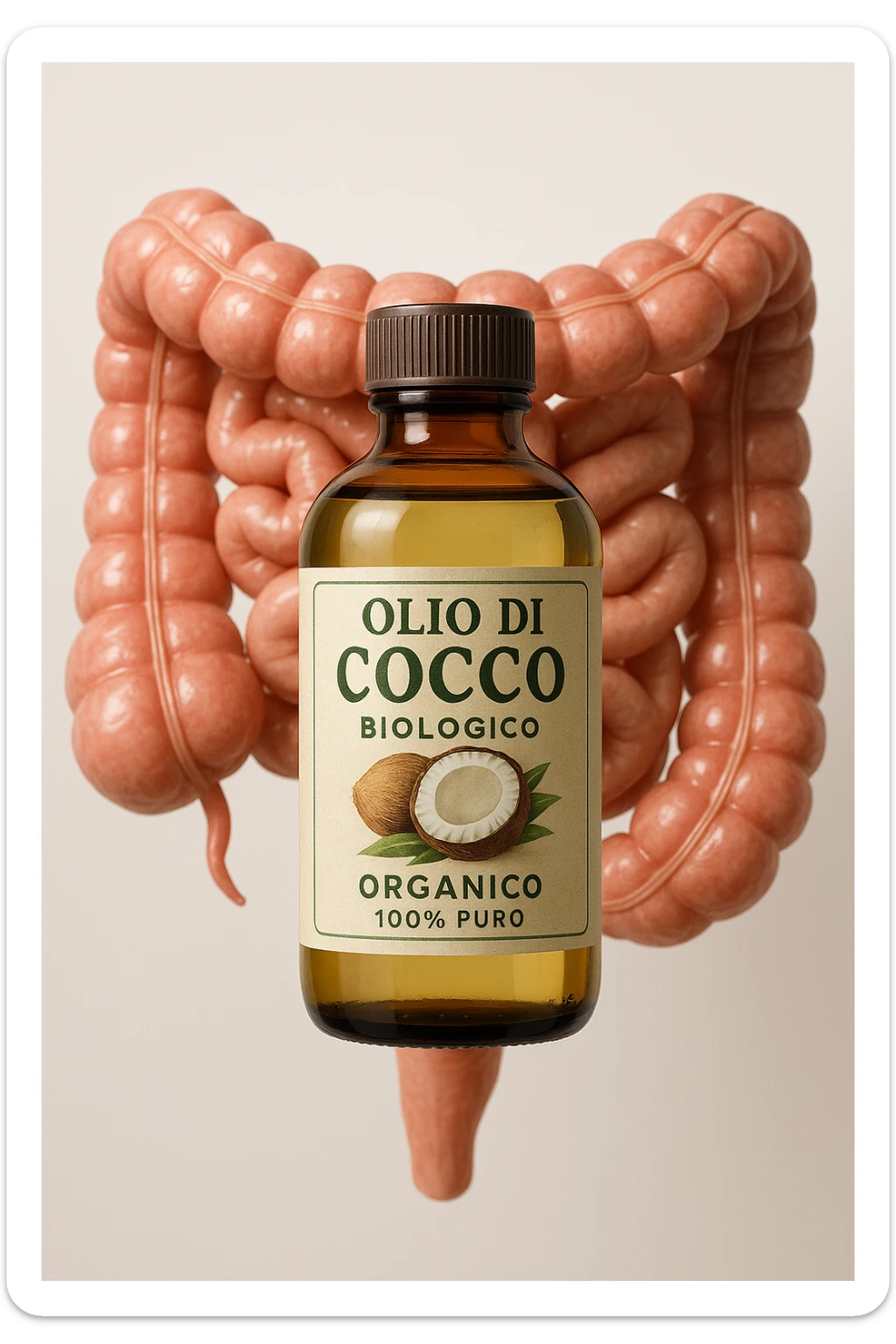 BOCCETTA DI OLIO DI COCCO BIOLOGICO (FAI UN ETICHETTA SUL PRODOTTO IN ITALIANO) CHE FLUTTUA IN ARIA DAVANTI A UN INTESTINO UMANO ANATOMICO IN PERFETTA SALUTE, SFONDO CHIARO, iperrealistico 4k sticker