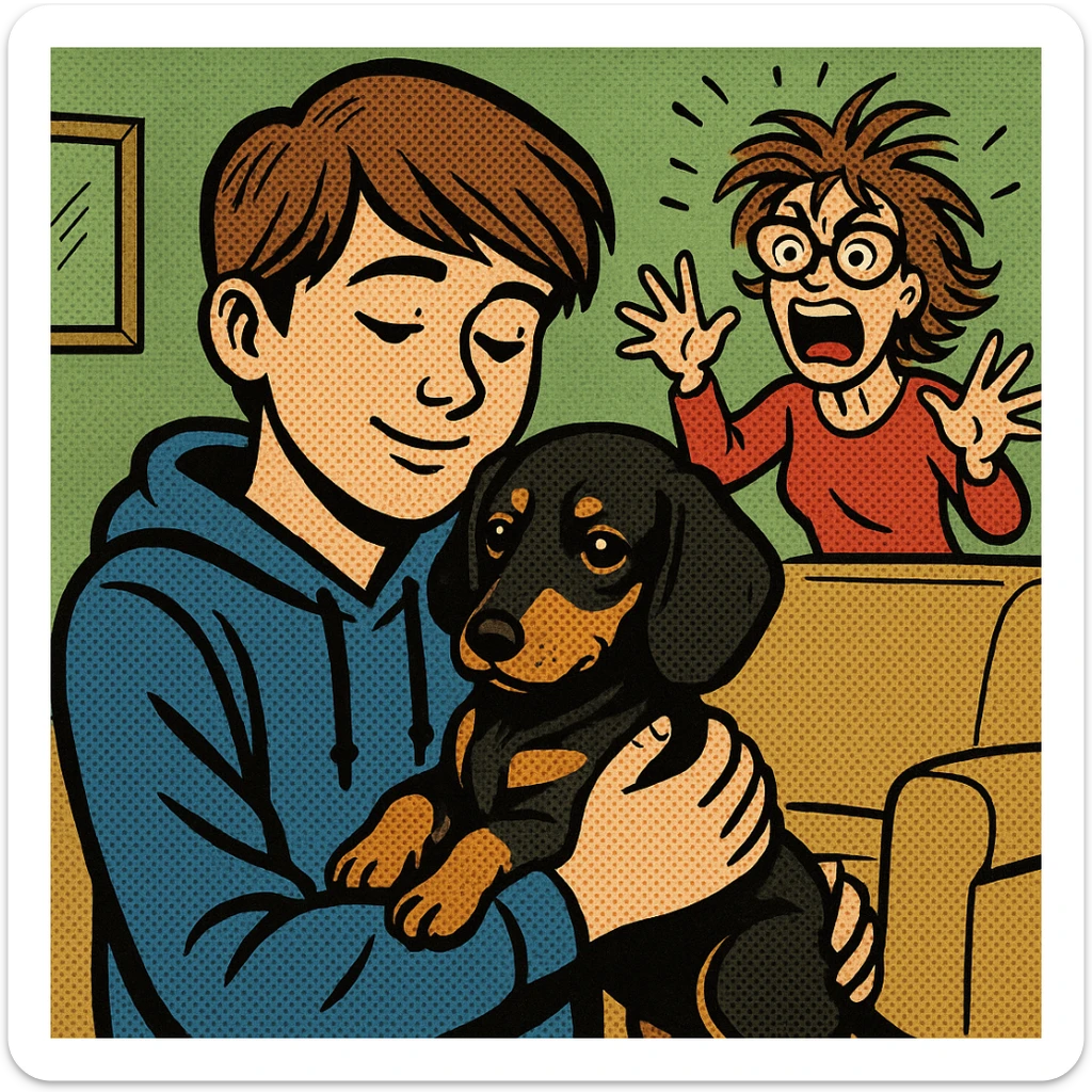 A modern day teenager with brown hair wearing a blue hoodie with a black and tan puppy dachshund in a green living room with a crazy mum with brown hair wearing big glasses in the background sticker