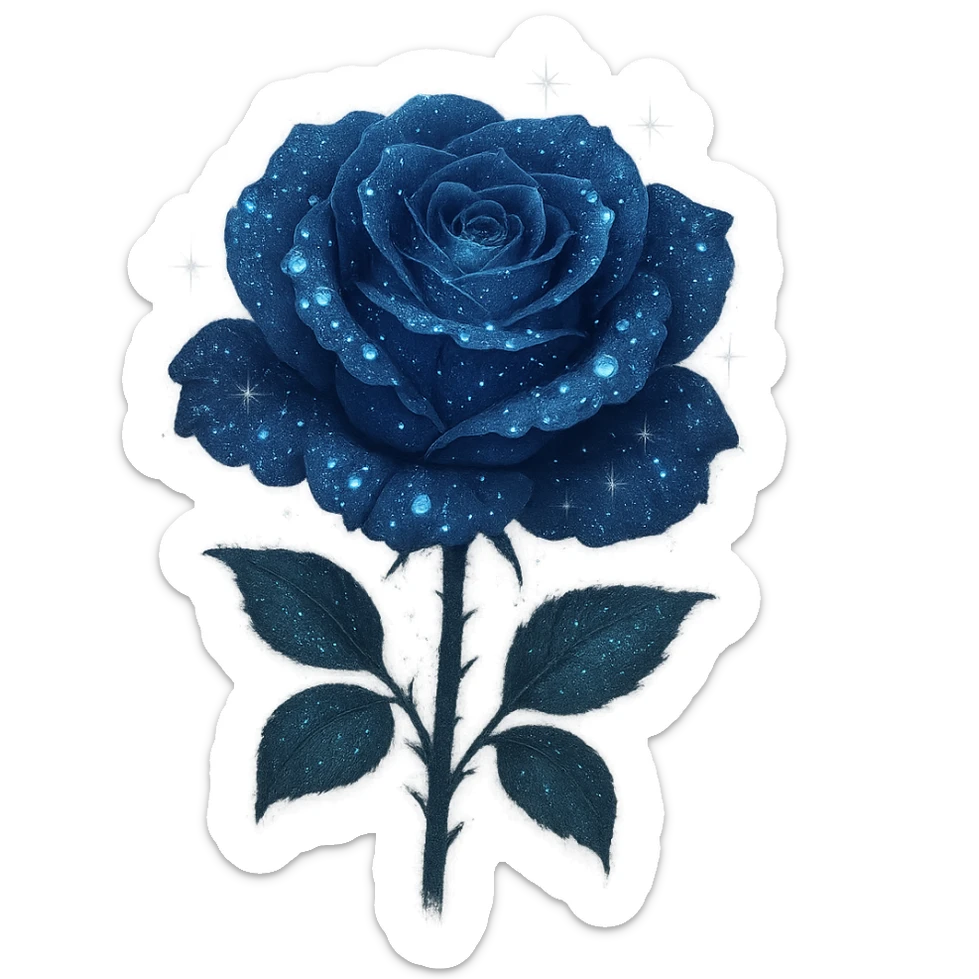 Add glowing dewdrops on the petals of the midnight rose with deep blue petals, subtle silver sparkles, and a soft magical glow. Keep the background transparent. The style should reflect a delicate and ethereal look with emphasis on the glowing effect and silver accents. sticker