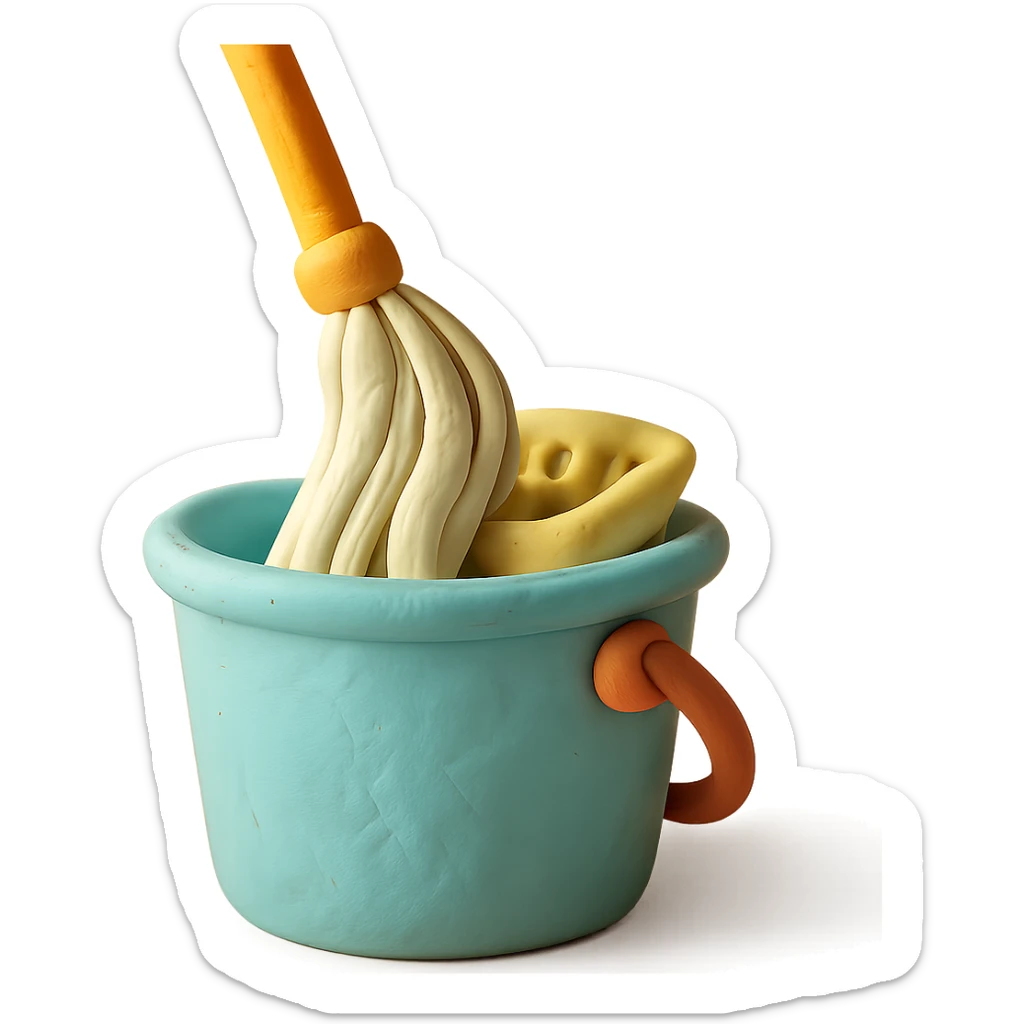 close-up of mop wringing out in a bucket, soft lighting, pastel colors, claymation style sticker