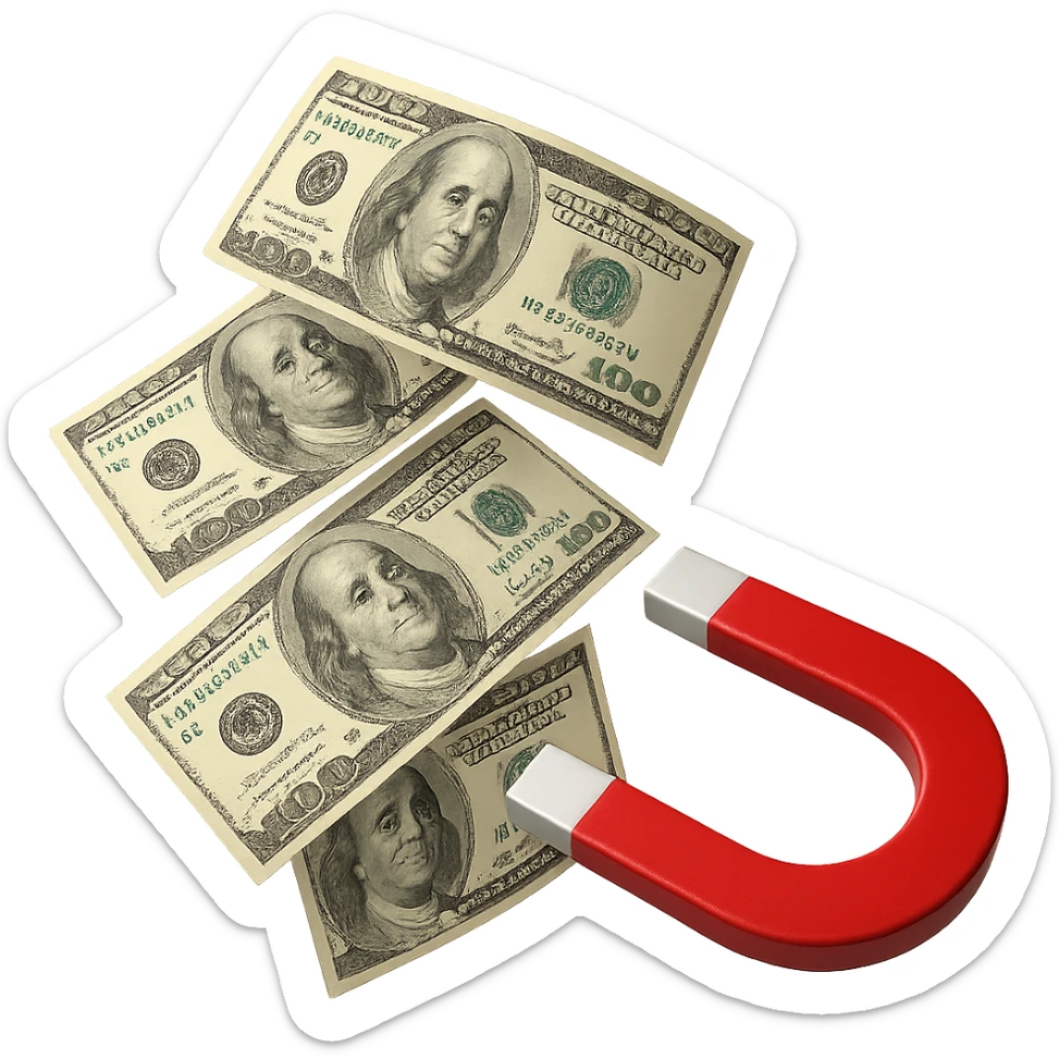 cinque banconote fluttuano in aria attratte da una calamita rossa, iperrealistica 4k, isolato su sfondo bianco sticker