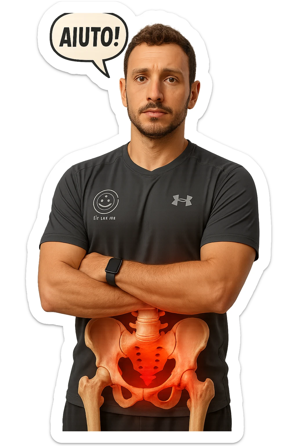 fai questo ragazzo identico MA IN POSA FRONTALE,ma mettigli un bacino anatomico infiammato in evidenza sul corpo e un fumetto sulla testa con la scritta "AIUTO!", ossa visibili, iperrealistica in 3d sticker