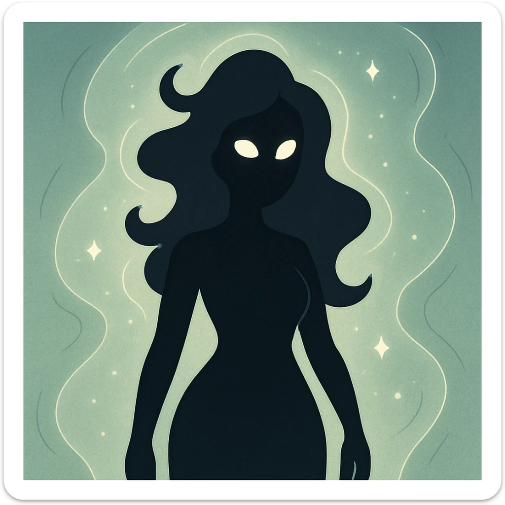silhouette of a figure with flowing curves, radiating stillness and mystery, surrounded by shimmering energy sticker