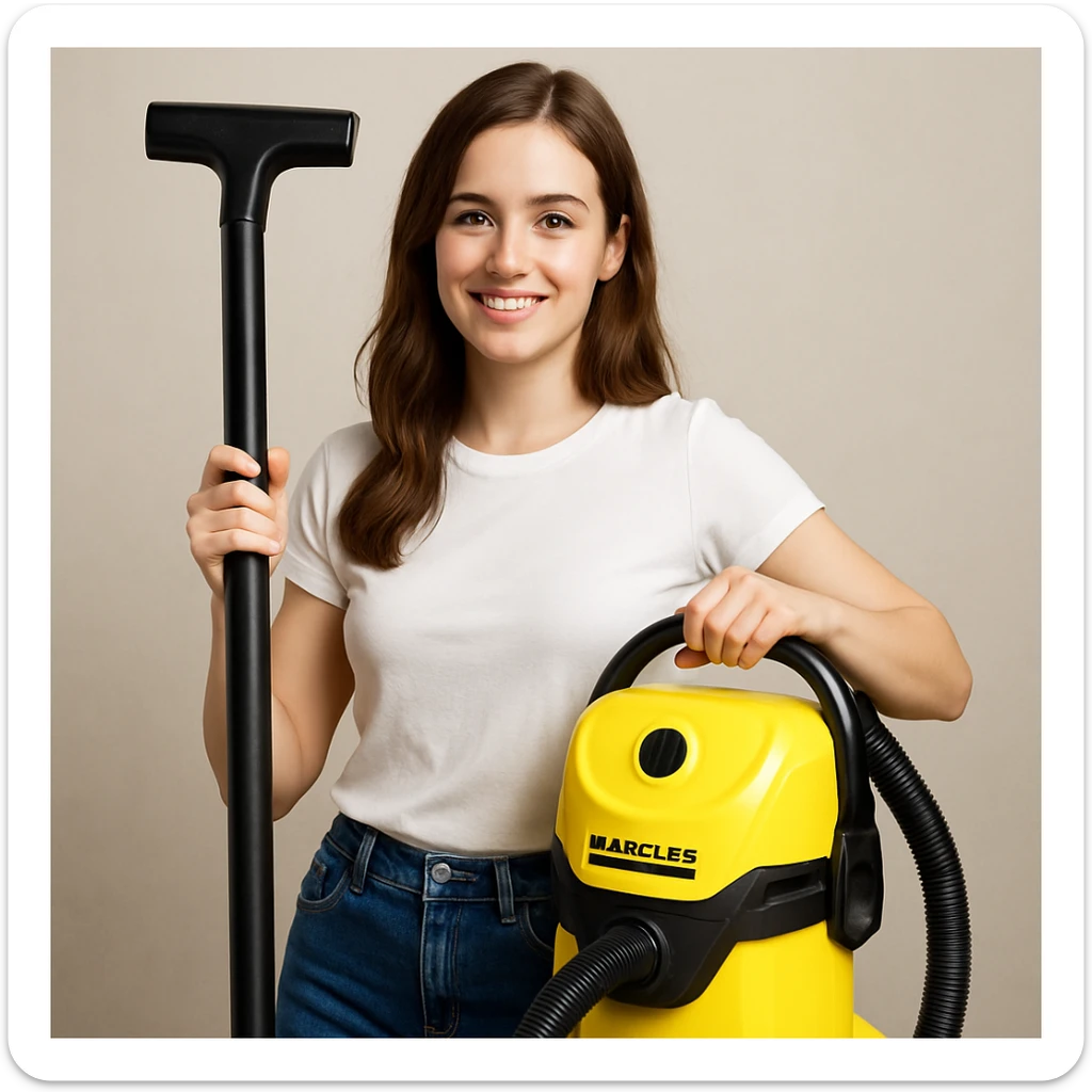 white girl with brown hair holding a Karcher vacuum cleaner, style 4 sticker