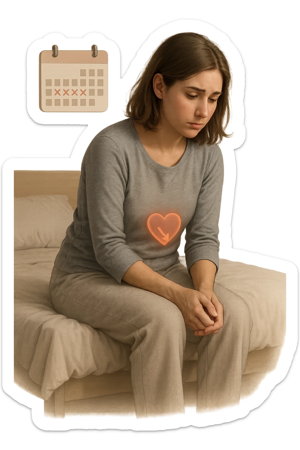 3D realistic medical illustration: a young woman in her 20s or 30s sits on the edge of a bed in a softly lit bedroom, looking thoughtful and slightly concerned. She wears comfortable loungewear, her posture is slouched, and her expression is subdued. Subtle visual cues—such as a faded calendar with missed menstrual cycles and a dimmed heart or energy icon near her abdomen—symbolize low libido and amenorrhea. The scene is realistic, intimate, and empathetic. sticker