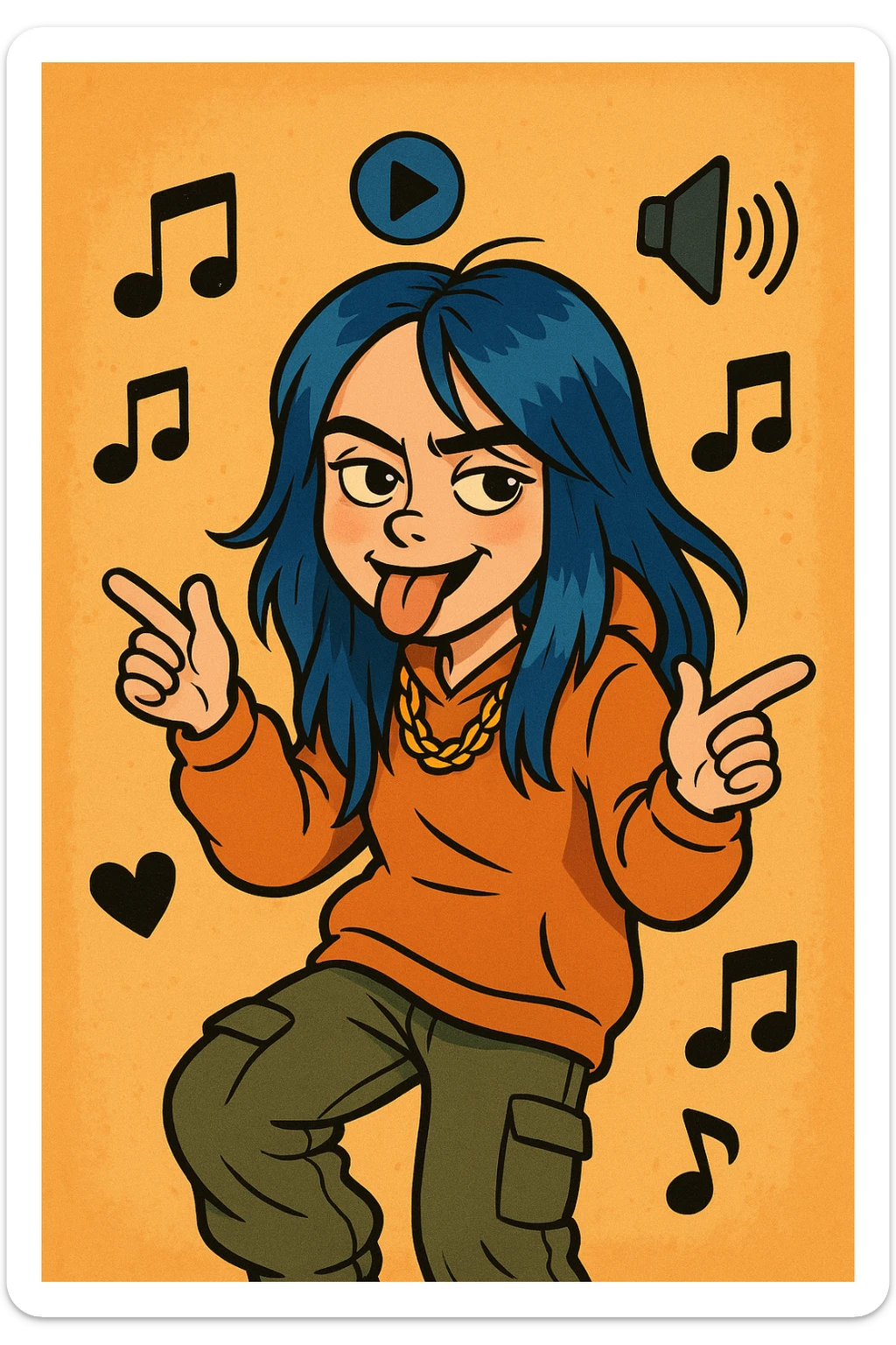 cartoon style portrait of Billie Eilish with blue hair, baggy clothes, playful pose, music icon sticker