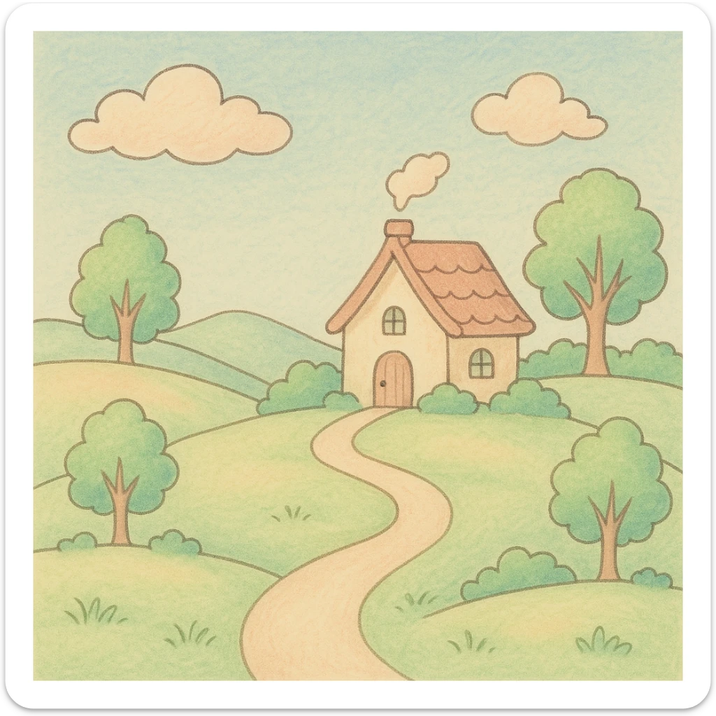 simple landscape inspired by coloring book drawings, in the style of Bobbie Goods and Cuzy, ghibli style sticker