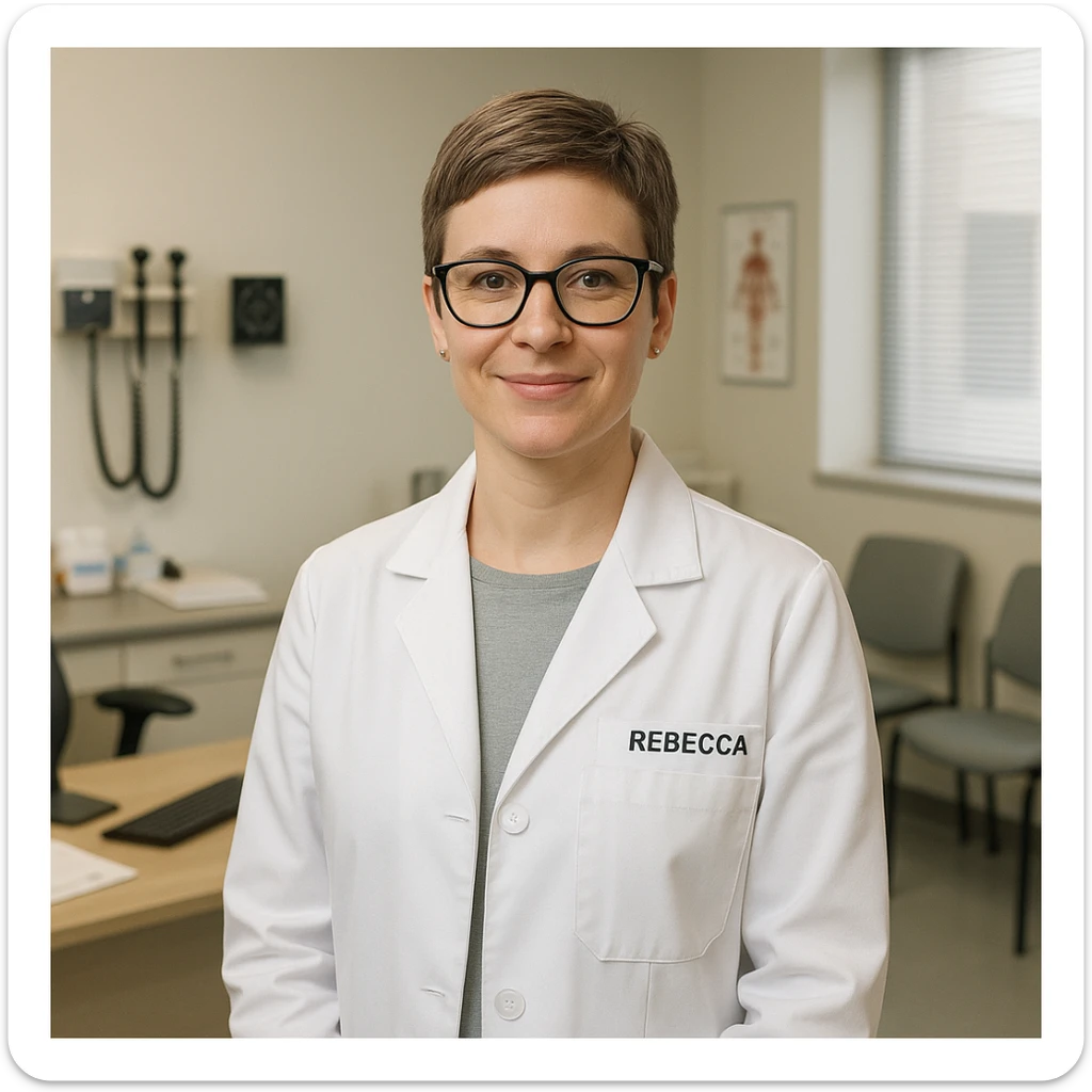 A female doctor named Rebecca, short hair, glasses, in a lab coat, standing in a clinic sticker