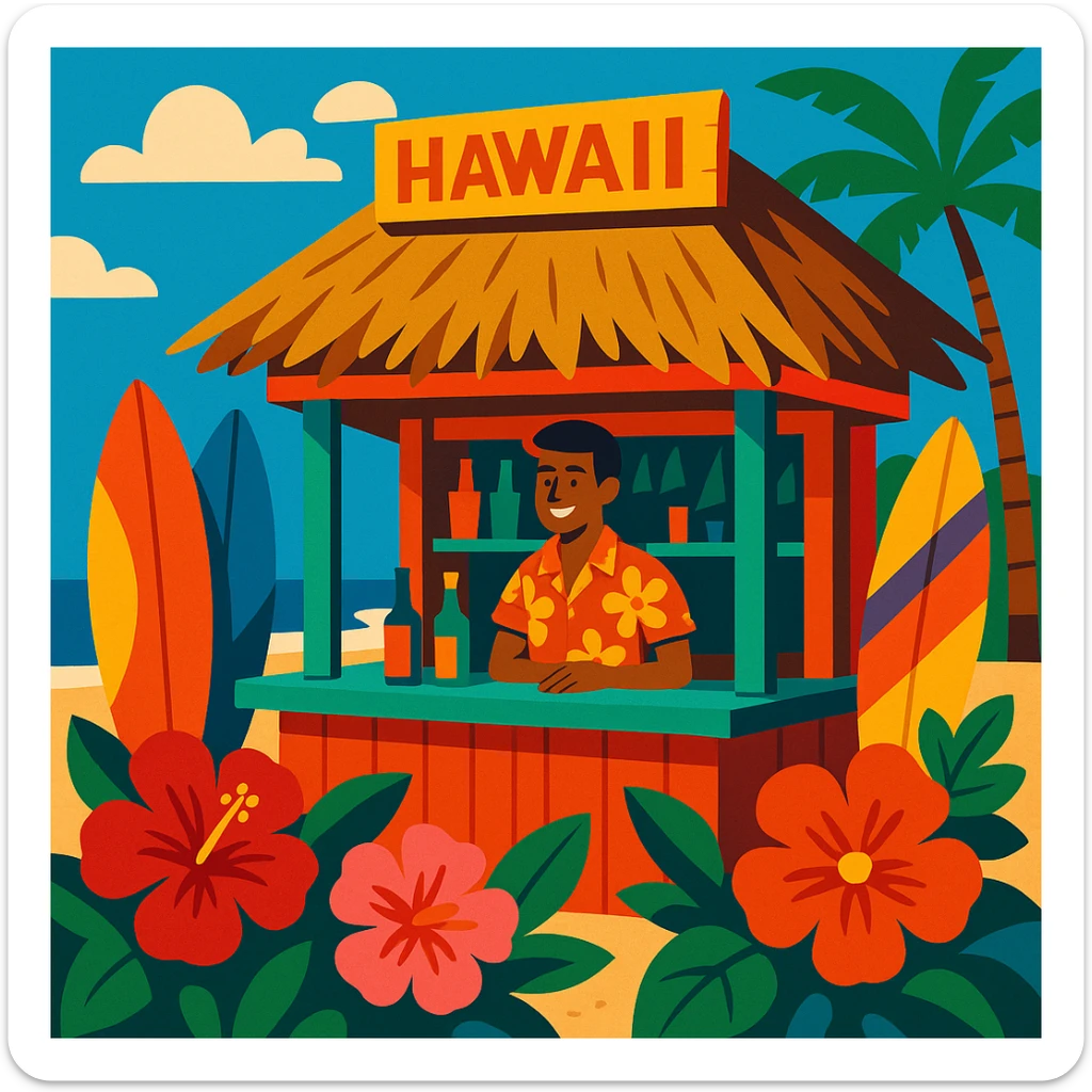 a beachside bar in Hawaii, with surfboards, flowers, and a thatched roof sticker
