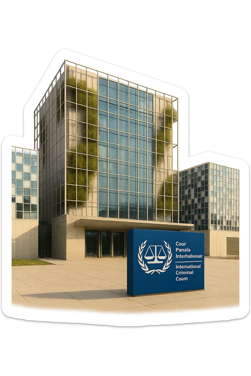 cinematic, realistic emoji of the International Criminal Court (ICC) building in The Hague, featuring majestic, bright, modern architecture, lifelike detail, bright lighting, its iconic sign, and accurate colors, isolated against a transparent background sticker