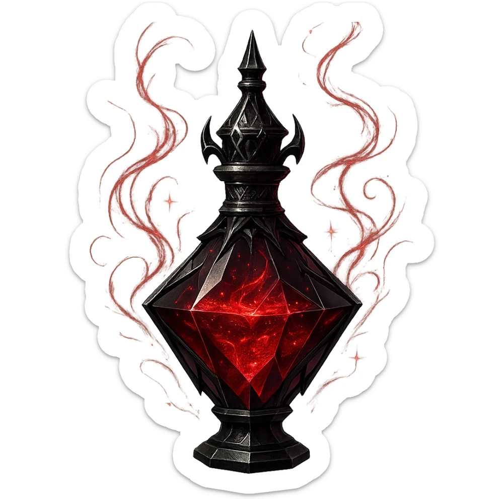 prabangus eliksyro buteliukas, gotikinis, edgy stilius, tamsiai raudona spalva, juodos ir sidabrinės detalės, aštrūs briaunoti paviršiai, daug magiškų efektų, labai mažas kaklelis, vientisas dugnas, skaidrus fonas, buteliukas plūduriuoja ore, be pagrindo ar šešėlio, modernus, kolekcijai tinkamas sticker