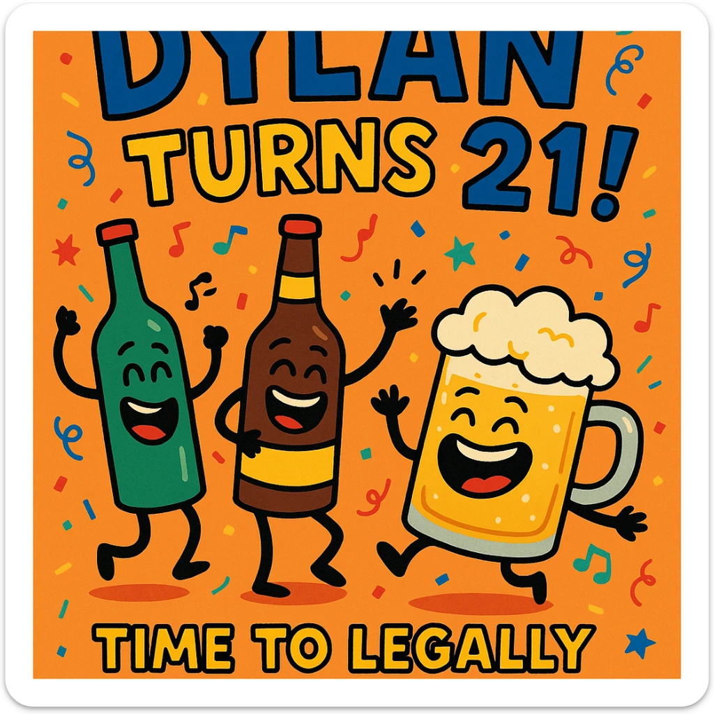 Digital birthday card for Dylan's 21st birthday with a wild party vibe, cartoon alcohol characters like dancing bottles and laughing beer mugs, headline 'Dylan Turns 21!', bright festive palette, and a humorous message about legal drinking. sticker