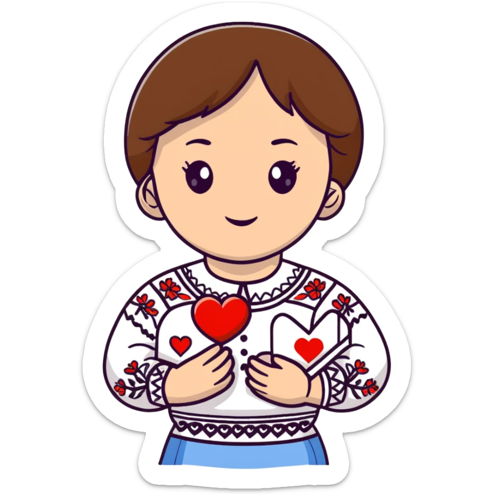 Beautiful young girl with brown hair in a white Ukrainian embroidered shirt holding a large embroidered heart sticker