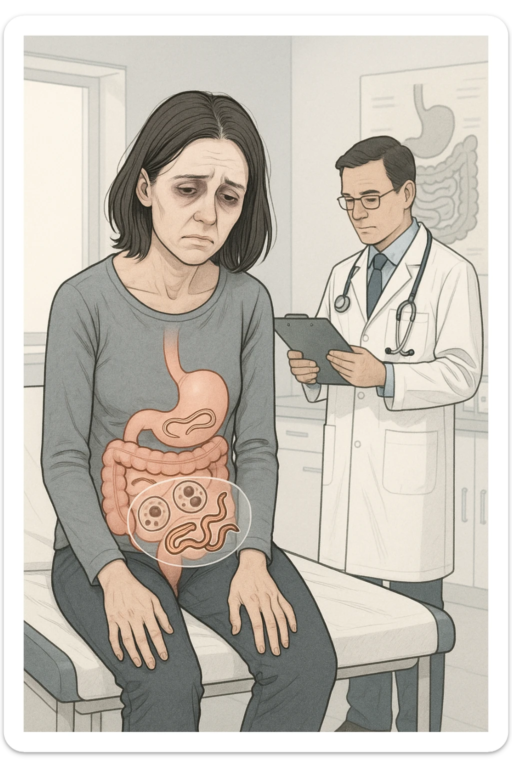 a woman in her 30s sits slumped on a doctor’s examination table, her face pale and eyes sunken with deep fatigue. A transparent overlay on her abdomen reveals stylized images of internal parasites, such as worms or protozoa, inside her digestive tract. The doctor stands nearby, reviewing medical charts. The mood is clinical and educational. sticker