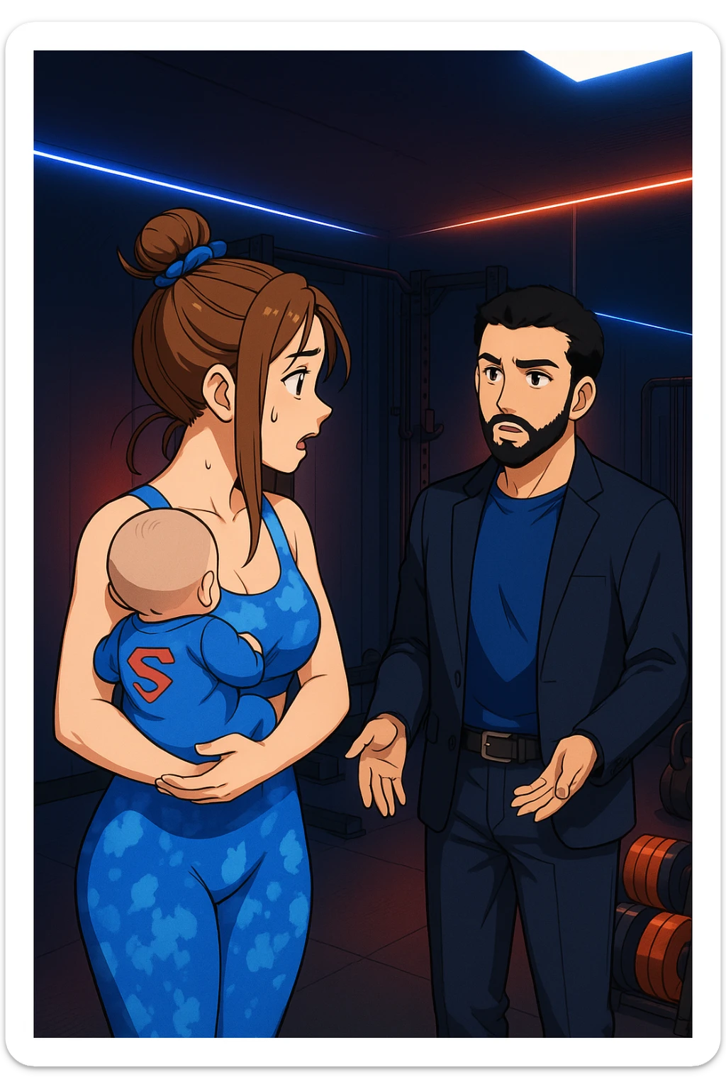 ispirati a questo stile di disegno e fai questa immagine in versione manga/webtoon a colori, il manga mostra la donna preoccupata con un neonato in braccio con una tutina azzurra e la scritta "S" sulla schiena, la donna gli sta facendo una domanda all'uomo, ma non fare i fumetti, fai come se stessero parlando sticker