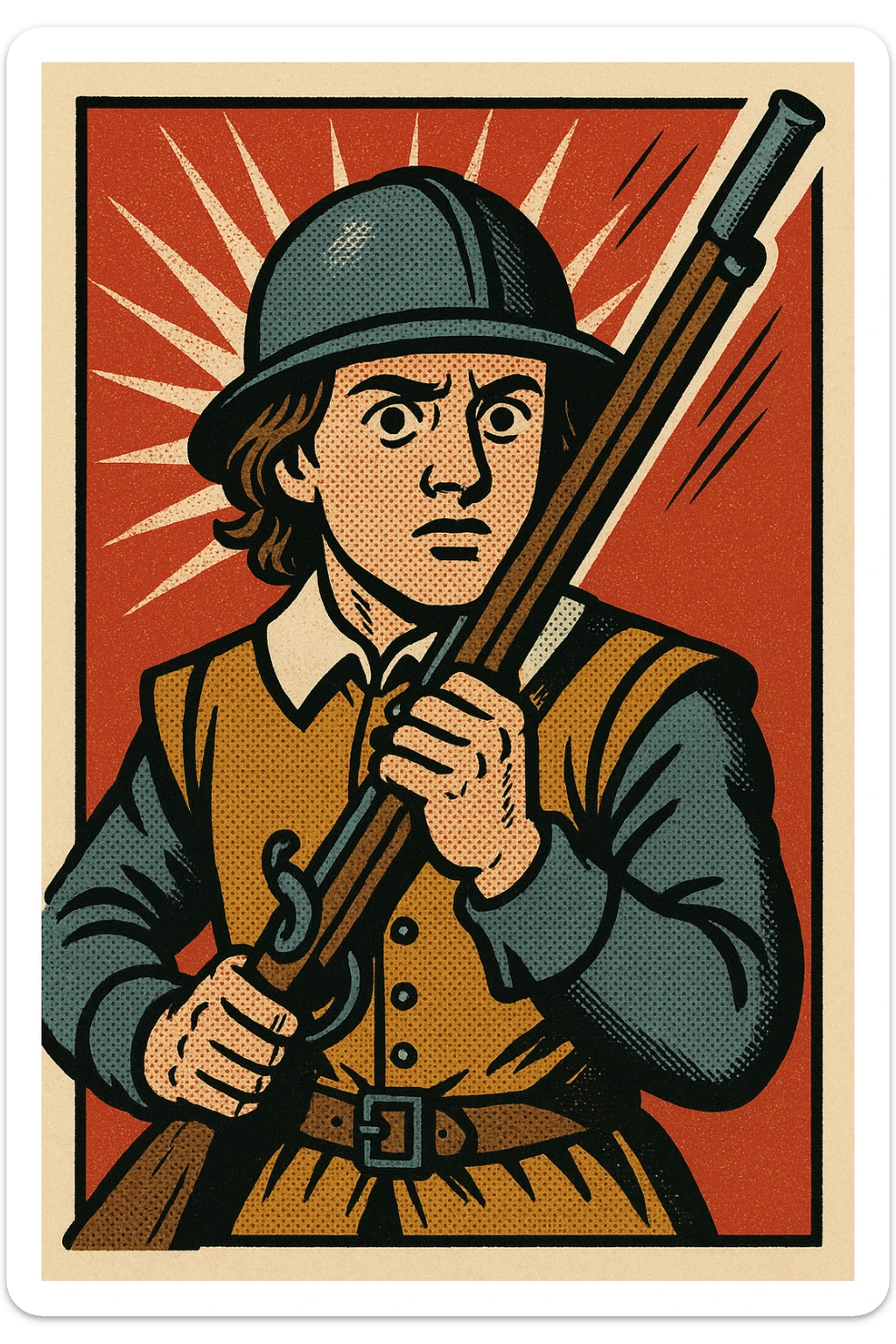 A young English roundhead soldier from the 1600s with a musket facing forward - face on sticker