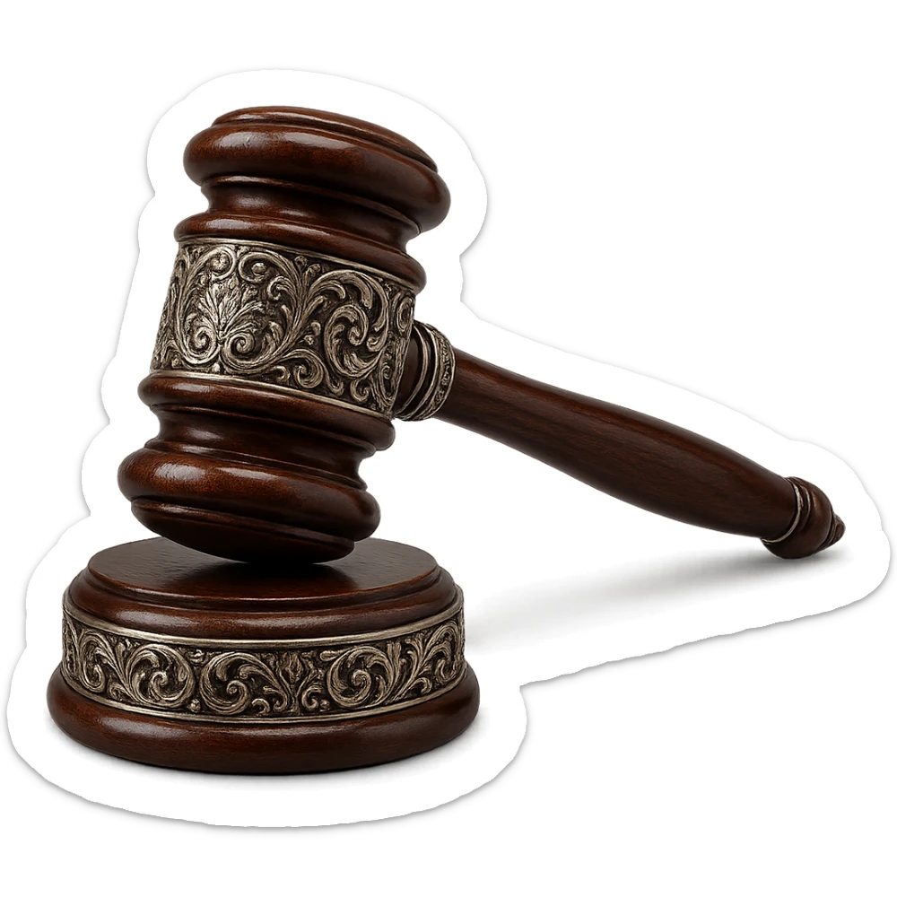 a sophisticated gavel with filigree metalwork, glossy wood, and a regal appearance sticker