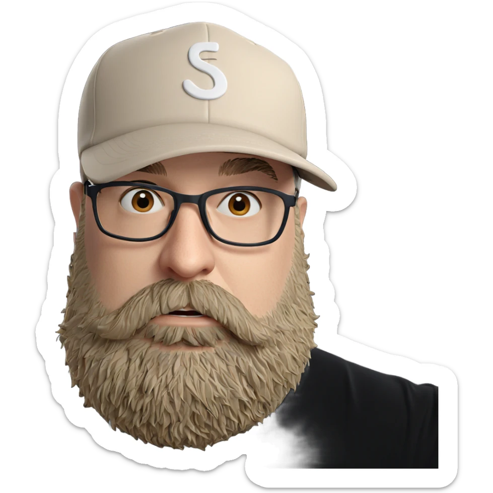 bearded man with baseball cap sticker