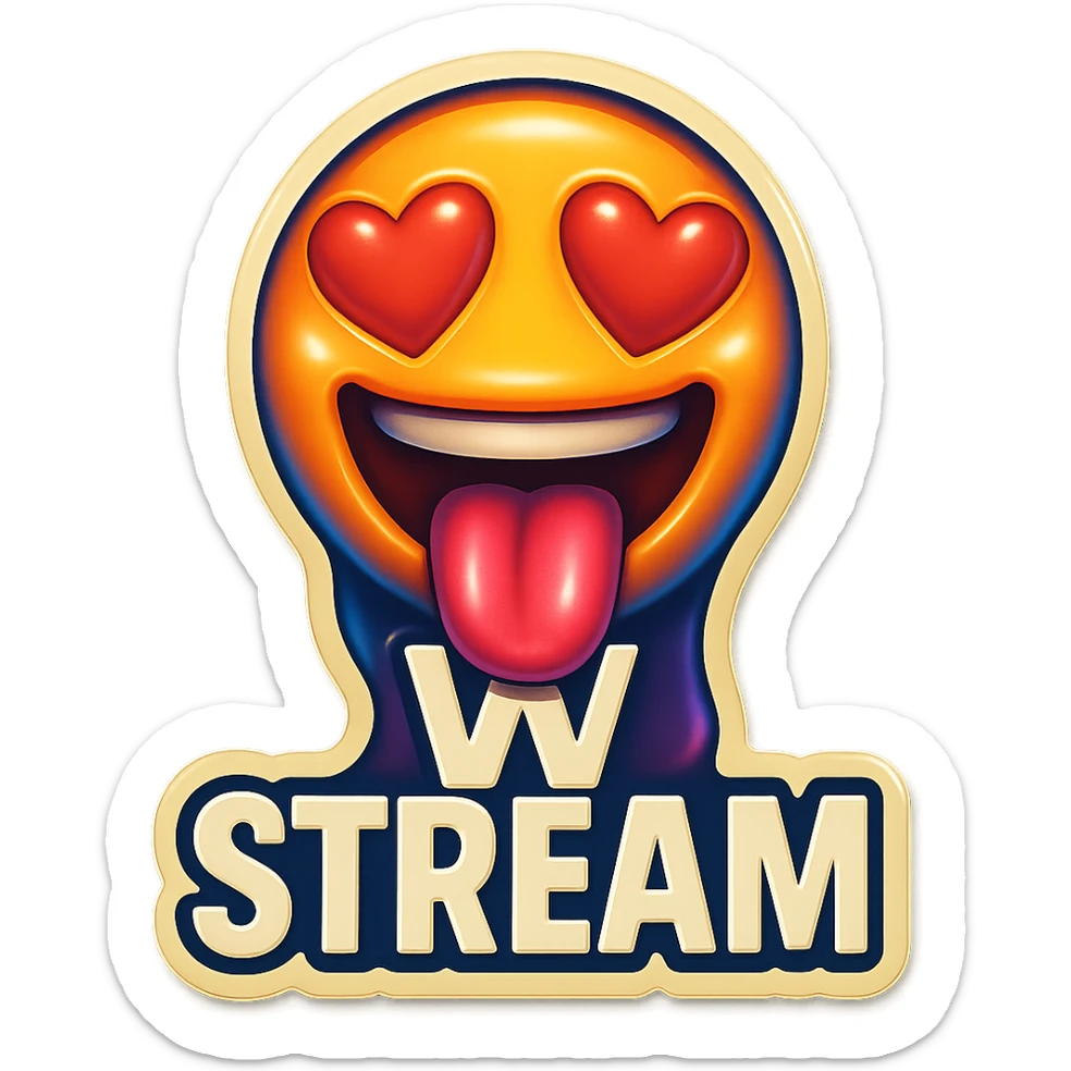 mouth open with tongue out heart shaped eye add the words “ W Stream " in White sticker