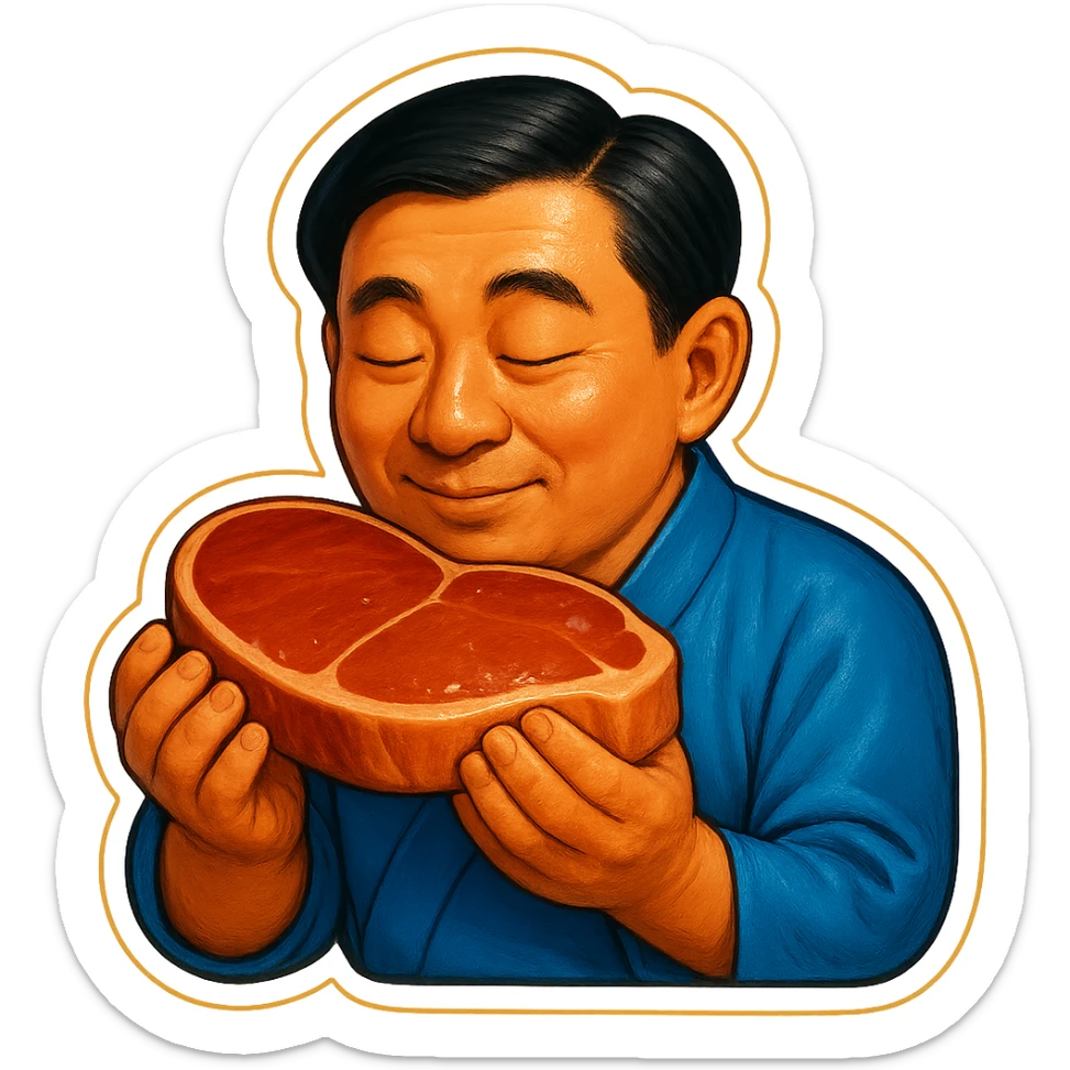 A Japanese man in traditional kimono with a loving look holds a steak in his hands, preparing to eat it sticker