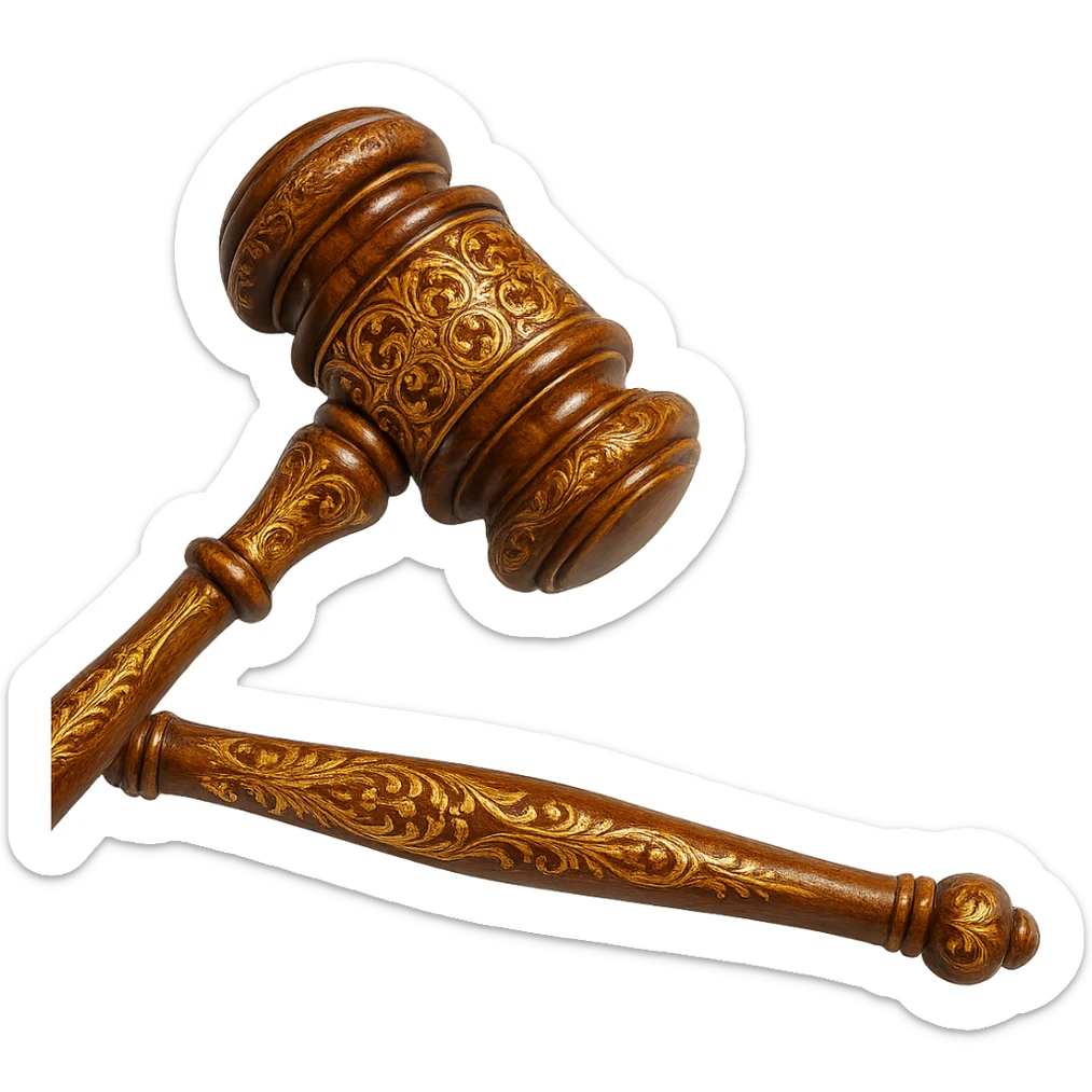 a luxurious gavel with elaborate carvings, gold inlays, and a shiny finish sticker