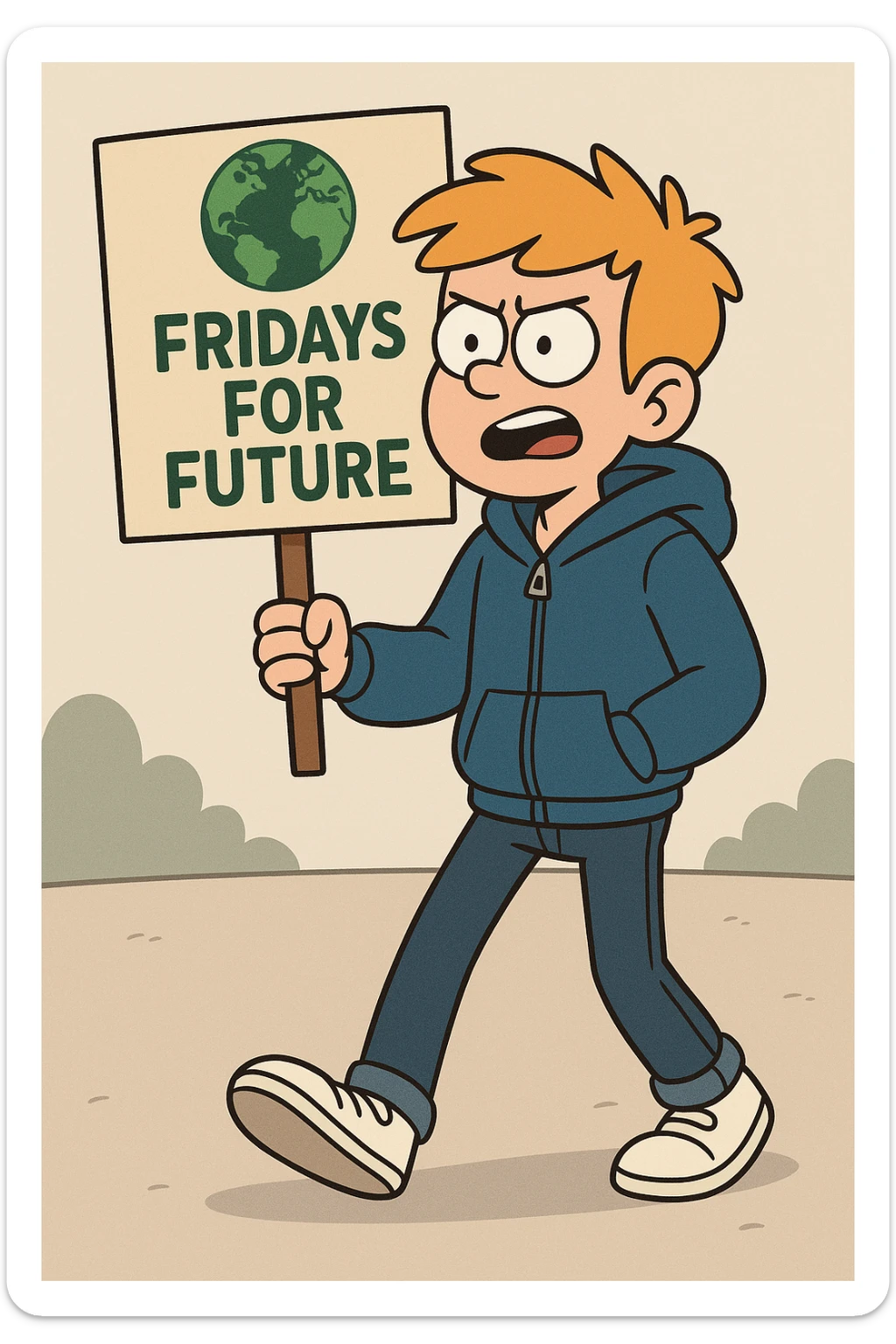  Fridays for Future a boy Yellow Orange hair blue jackets hoodie dark blue jeans white shoe  sticker