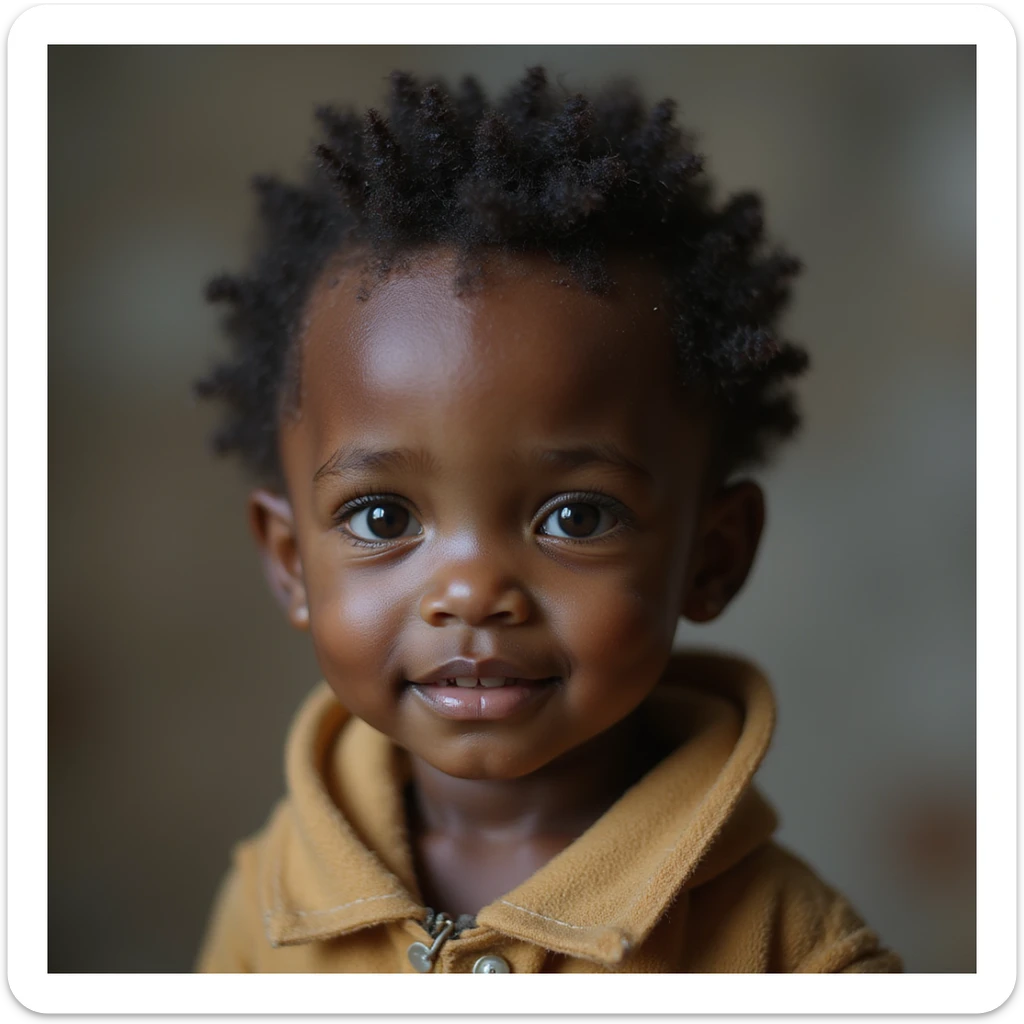 a realistic miniature black child with a warm expression, detailed face, natural skin tone, lifelike details sticker