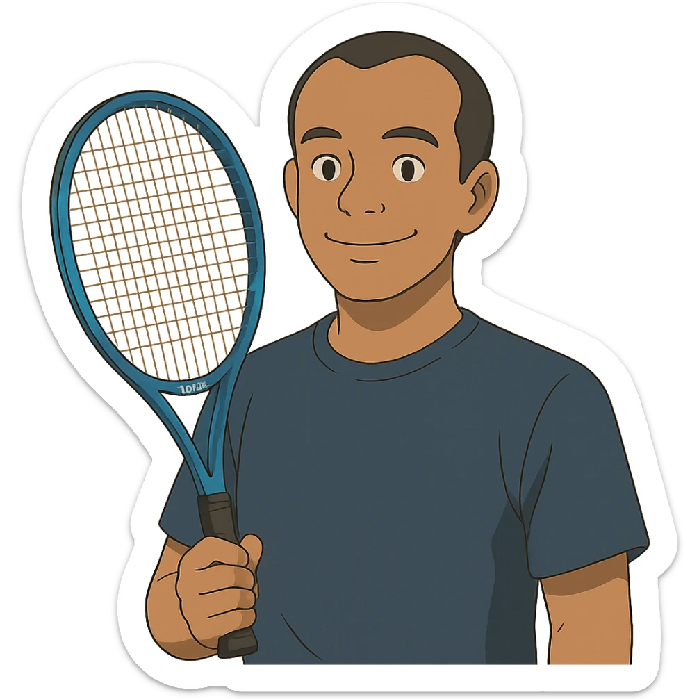 ghibli style light brown skinned tennis coach, short straight black hair with widow's peak, oval face, small eyes, smiling, holding blue Yonex racket, wearing navy blue dry fit shirt sticker