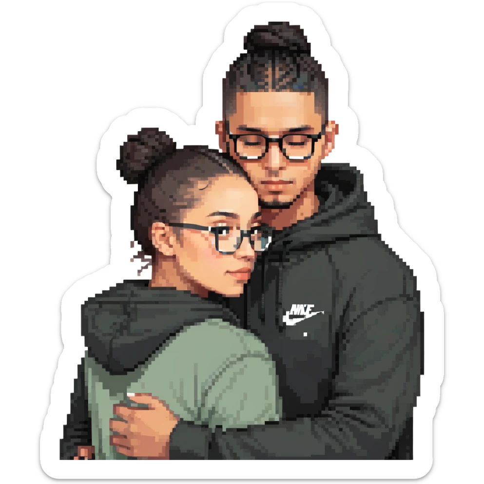 hispanic man with black hair hugging a light-skinned woman in a black Nike hoodie, woman has one bun in the back and thin black glasses sticker