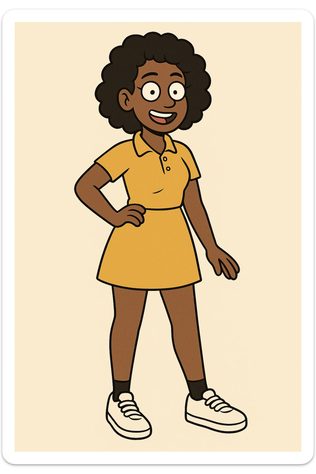 A Girl black Slightly Coiled hair brown Red Women's classic polycotton polo yellow skirt black ankle sock trainer white women's shoe sticker