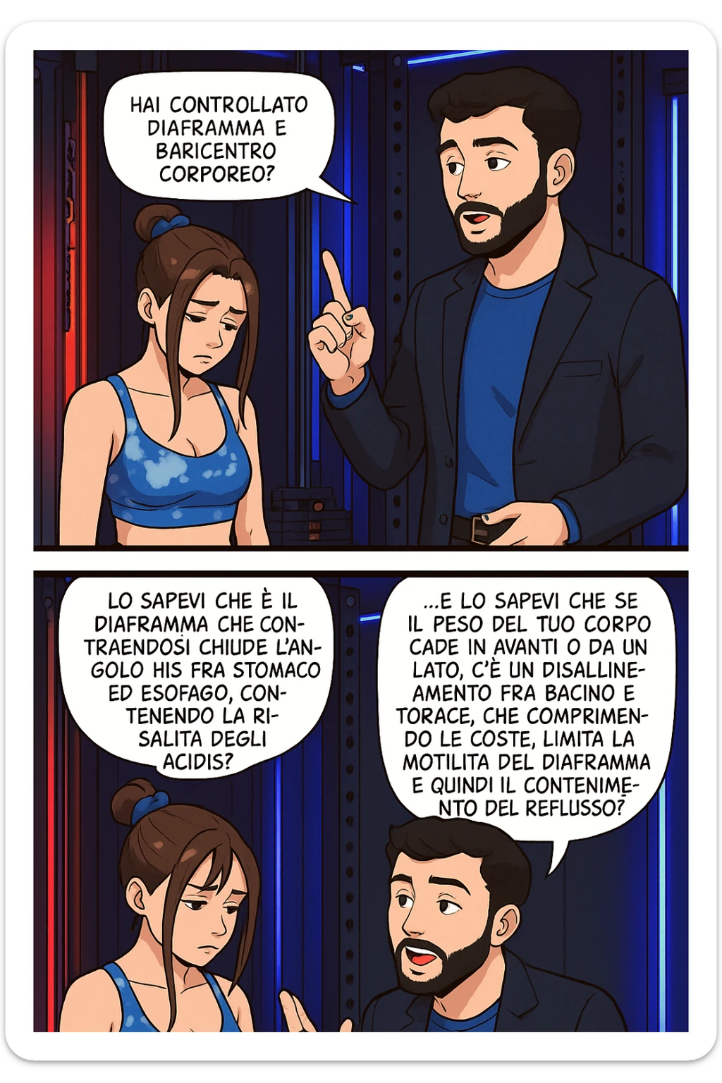 TRASFORMA QUESTO CAROSELLO IN UN FUMETTO STILE WEBTOON/MANGA A COLORI CON QUESTE DUE PERSONE IDENTICHE CHE INTERLOQUISCONO TRA LORO, L'uomo sta spiegando alla donna questo concetto:

LUI (UOMO): Hai controllato diaframma e baricentro corporeo?
LUI (UOMO): Lo sapevi che è il diaframma che contraendosi chiude l’angolo his fra stomaco ed esofago, contenendo la risalita degli acidi grassi?
LUI (UOMO): …e lo sapevi che se il peso del tuo corpo cade in avanti o da un lato, c’è un disallineamento fra bacino e torace, che comprimendo le coste, limita la motilità del diaframma e quindi il contenimento del reflusso? sticker