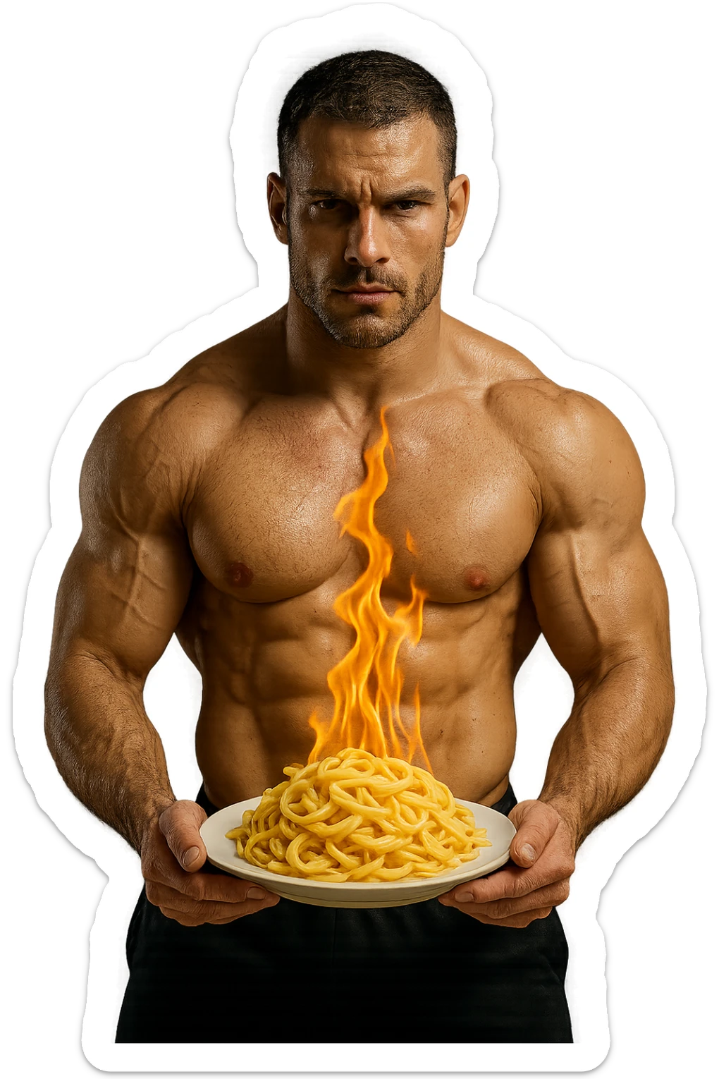 uomo fitness che tiene in mano un piatto di pasta con una fiamma sopra come se stesse simbolicamente bruciando le kcal della pasta, iperrealistico 4k sticker