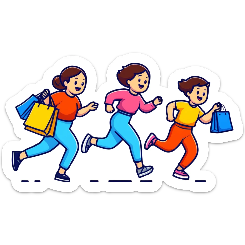 shoppers running with the salesgirl, bright colors and playful expressions sticker