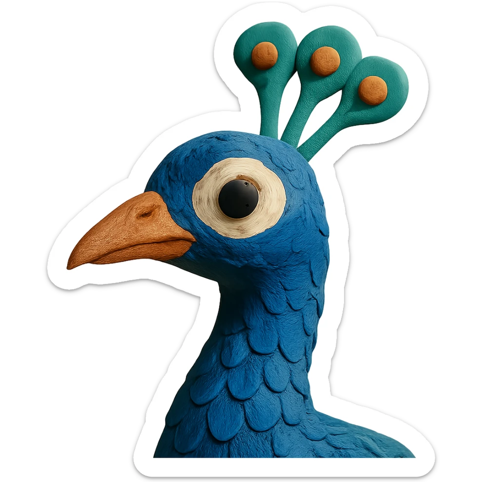 close-up of a peacock's head and neck, soft lighting, detailed feathers, claymation style sticker