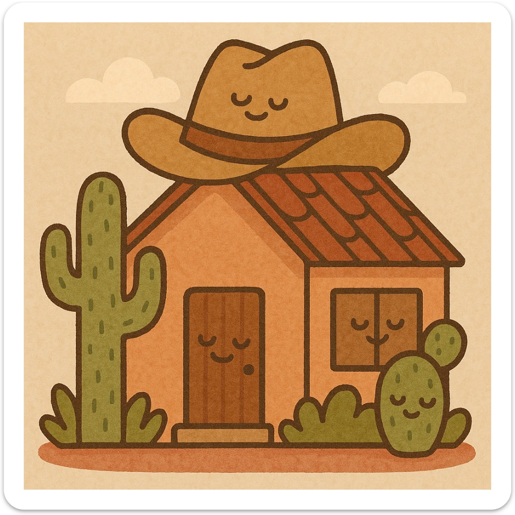 A modern home with a cowboy hat on the roof, cacti in front, Texas vibe sticker