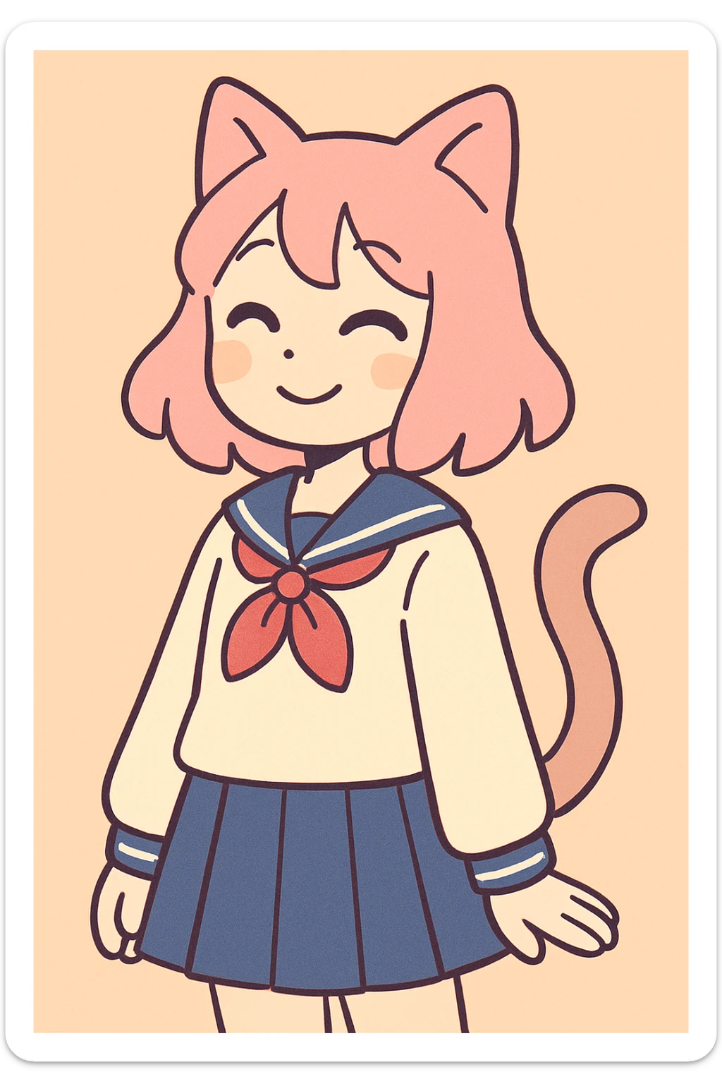 anime catgirl, pastel palette, soft shading, gentle smile, cat ears and tail, school uniform sticker