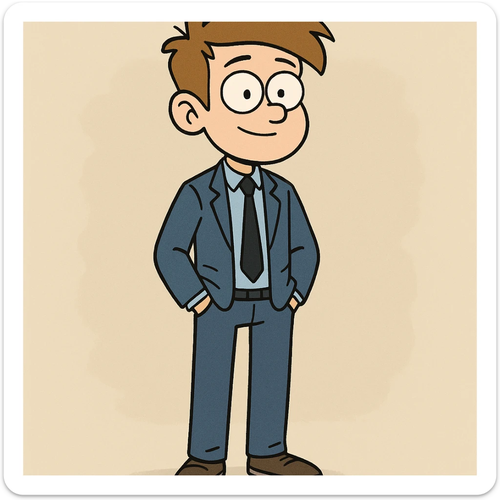 boy with blue and black suit, hands in pockets, modern look, cartoon style sticker